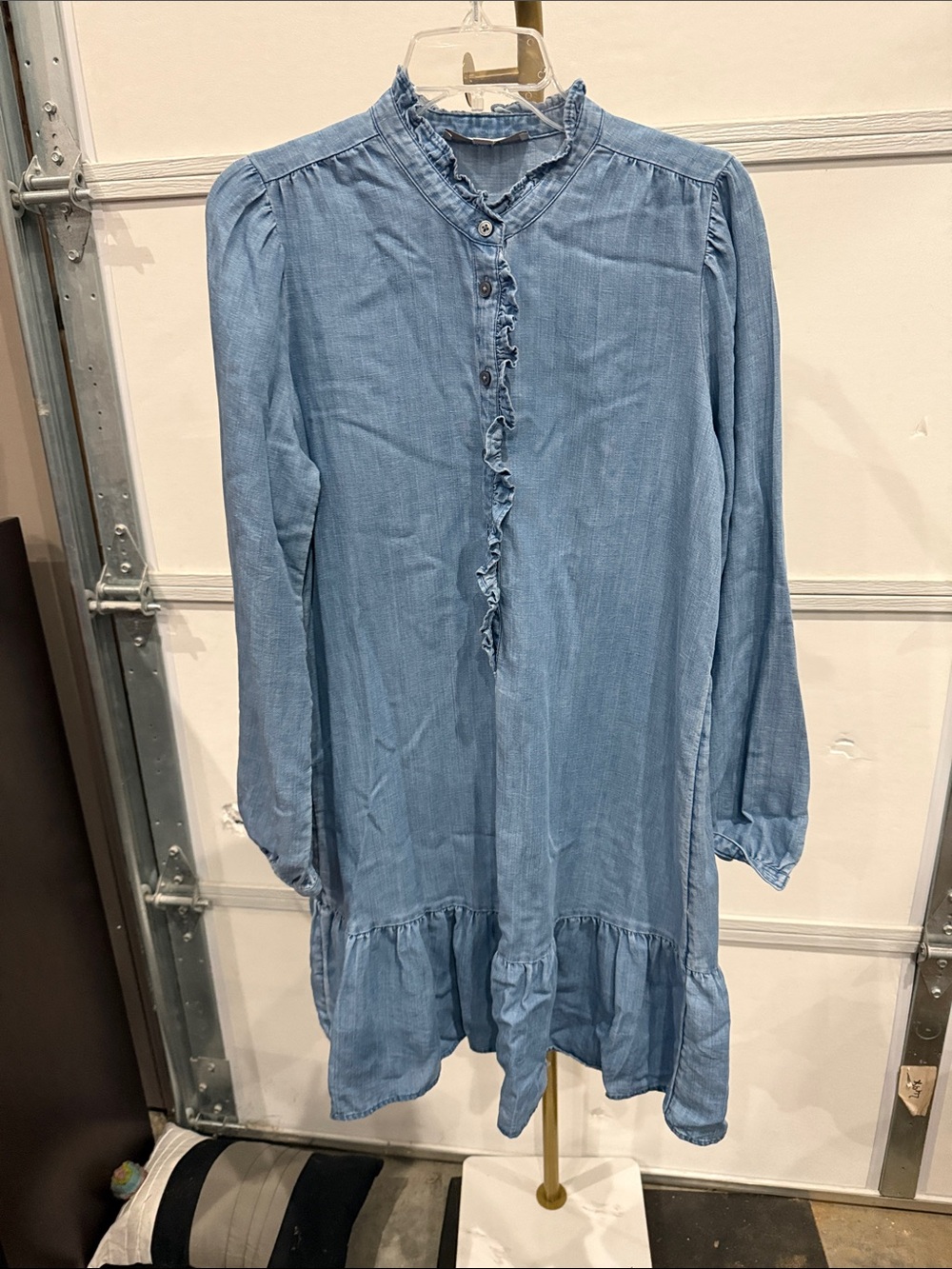 LOFT Light Blue Ruffle-Trim Long-Sleeve Tunic